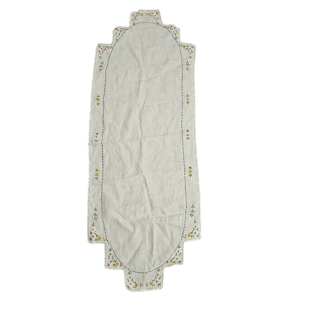 Vintage Hand Embroidered Table Runner White Yellow Floral Dainty
